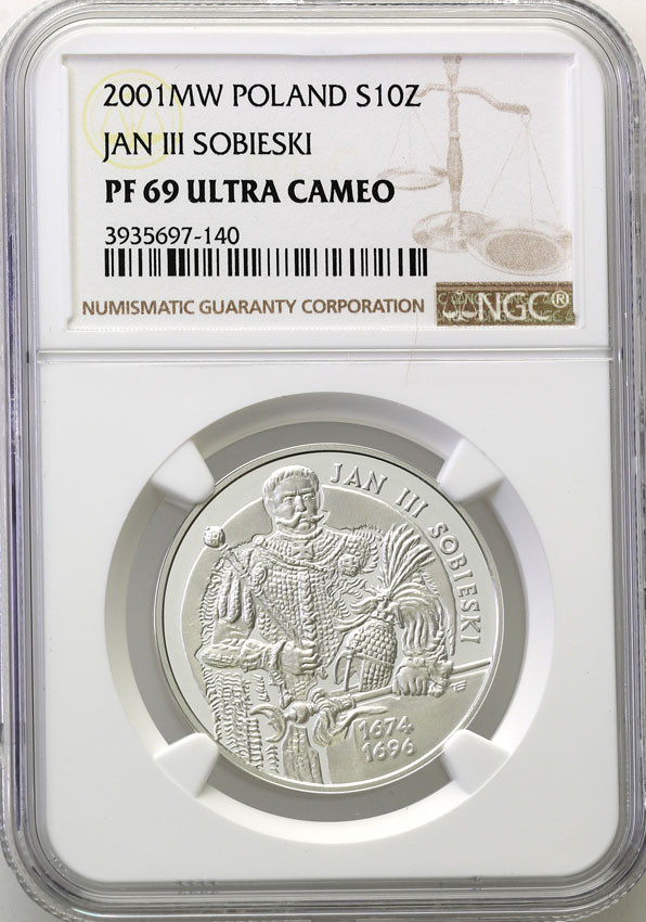 III RP. 10 złotych 2001 Jan III Sobieski półpostać NGC PF69 ULTRA CAMEO (2 MAX)